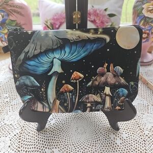 Moon, Blue Mushrooms & Snails Patterned Cosmetic Bag. 8"×5". New